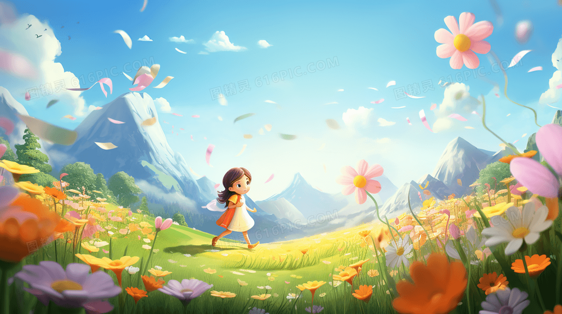 春天在草地花丛中的小女孩唯美插画