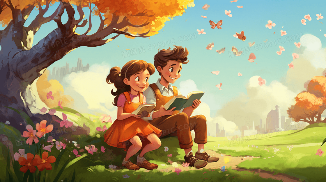 坐在草地上树下看书阅读的学生风景插画