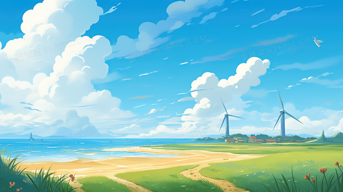 蓝天白云下的海边远处的大风车插画