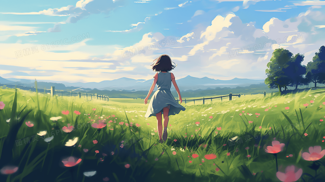 蓝天白云下草原上奔跑的少女插画