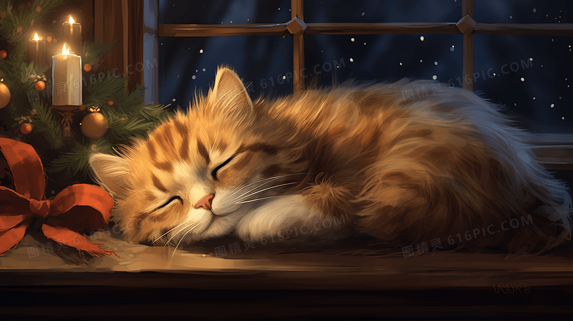 圣诞夜熟睡的猫咪插画