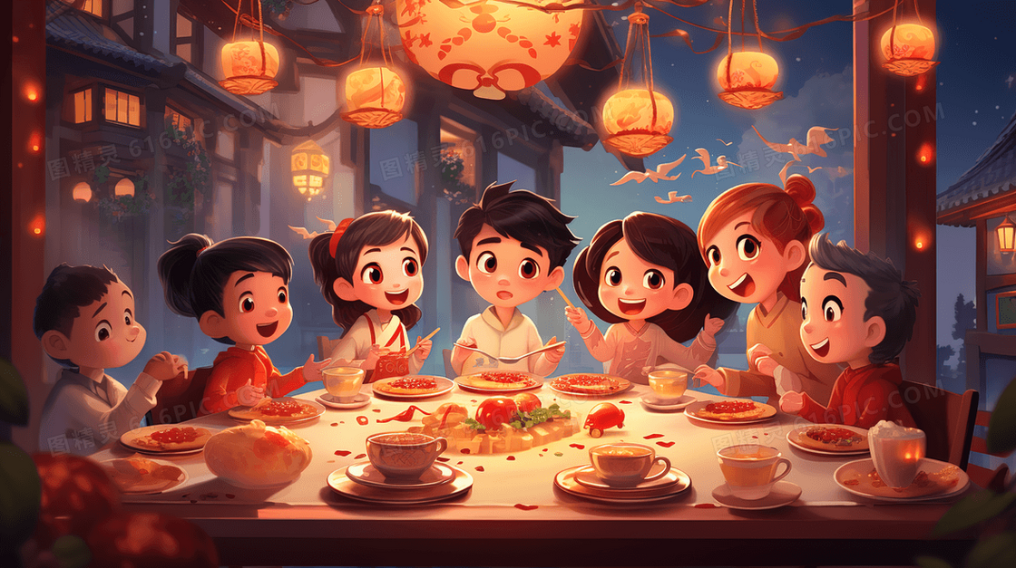 彩色春节年夜饭美食插画
