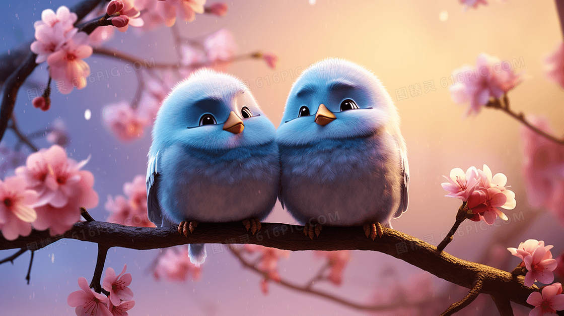 桃花树枝上的两只蓝色小鸟情人节插画