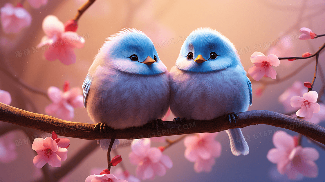 桃花树枝上的两只蓝色小鸟情人节插画