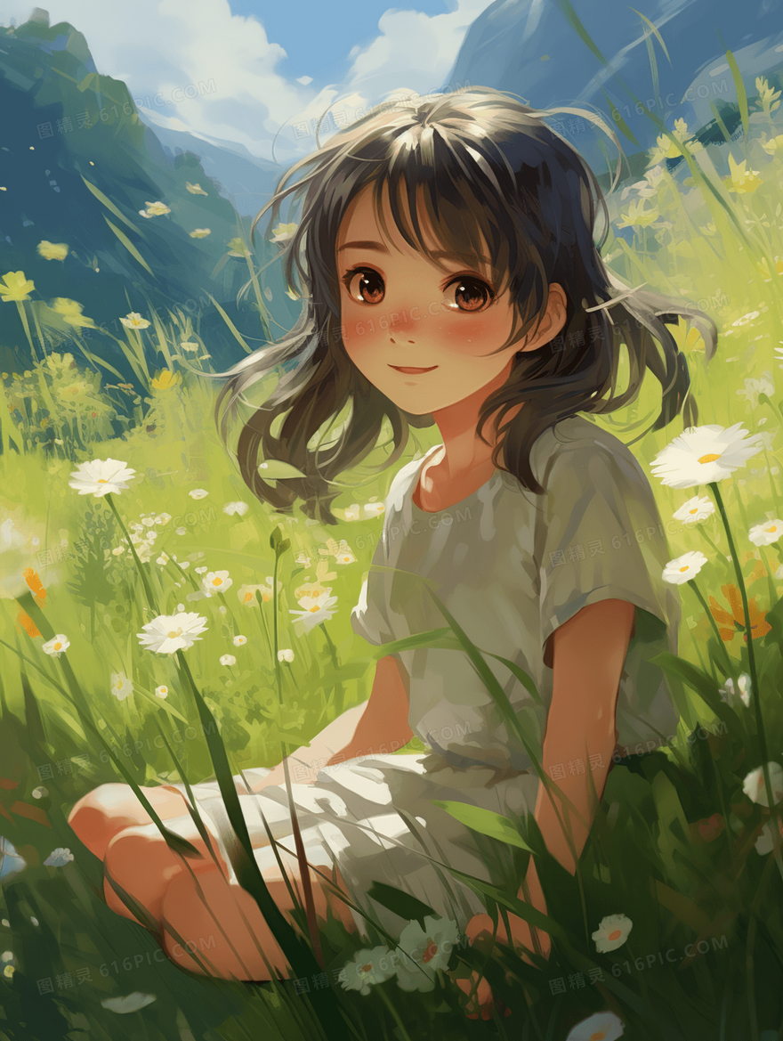 春天花草地里的可爱小女孩插画