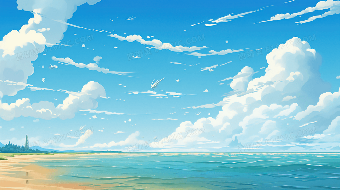 蓝天白云下的海边插画