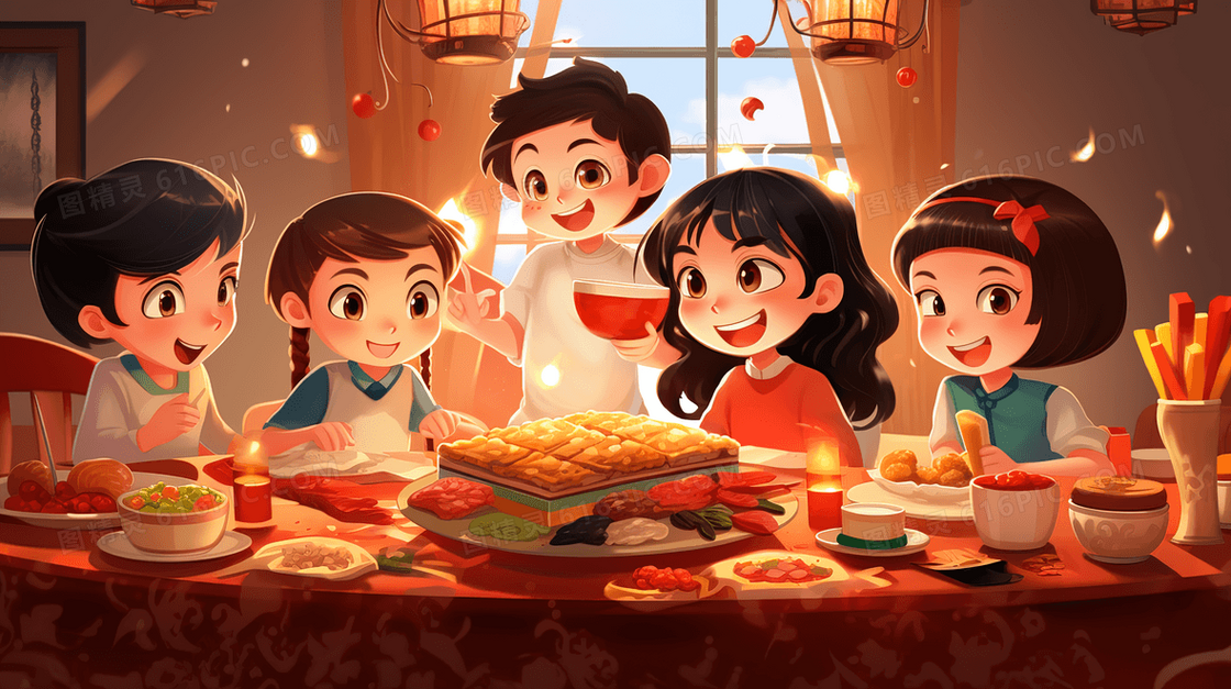 彩色春节年夜饭美食插画