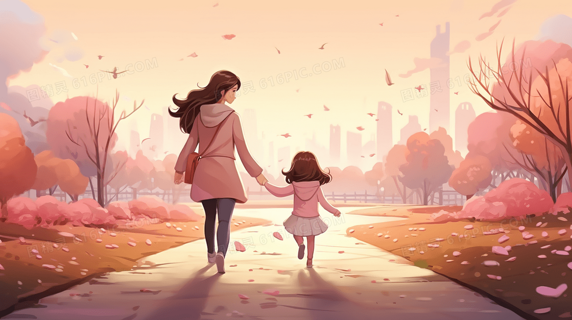 妈妈拉着小女孩公园里散步插画