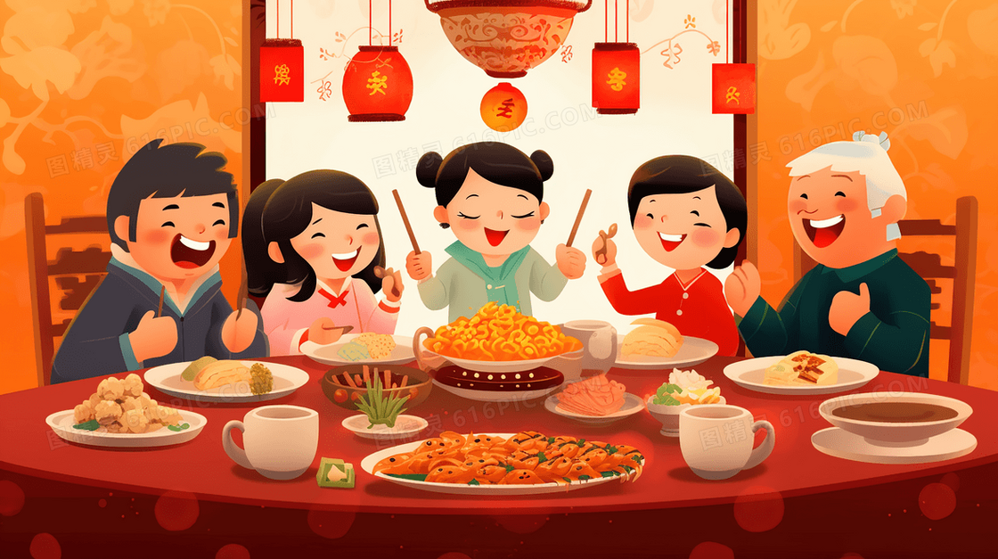 彩色春节年夜饭美食插画