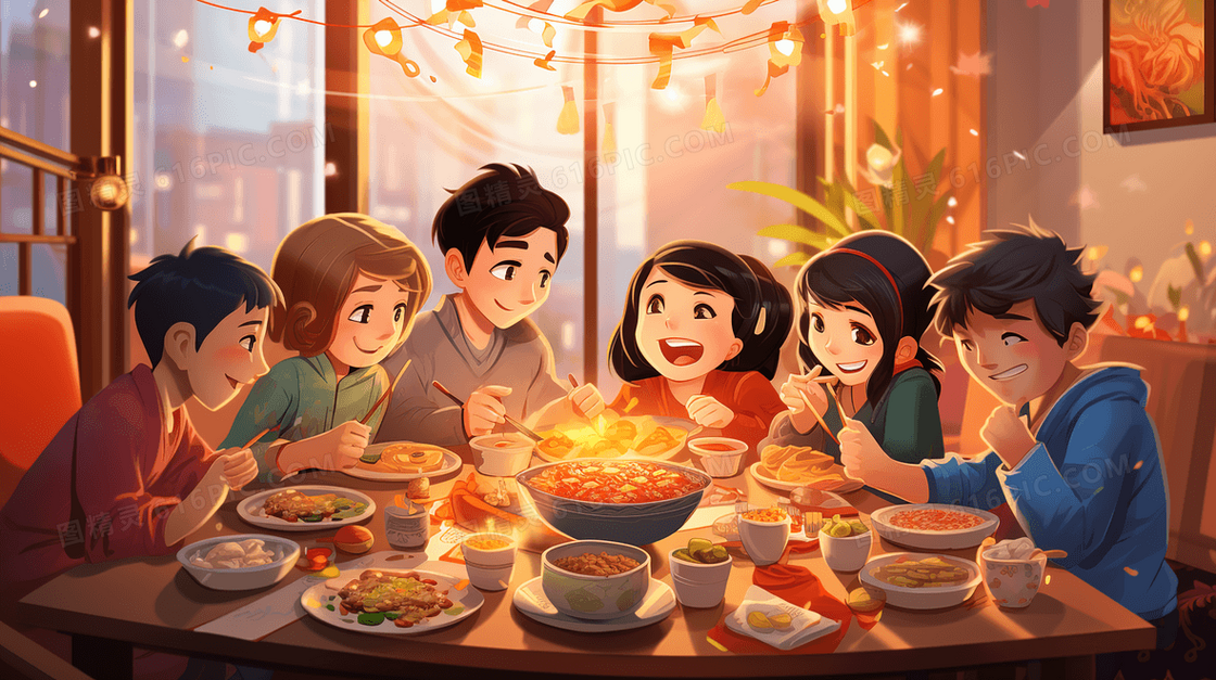 彩色春节年夜饭美食插画