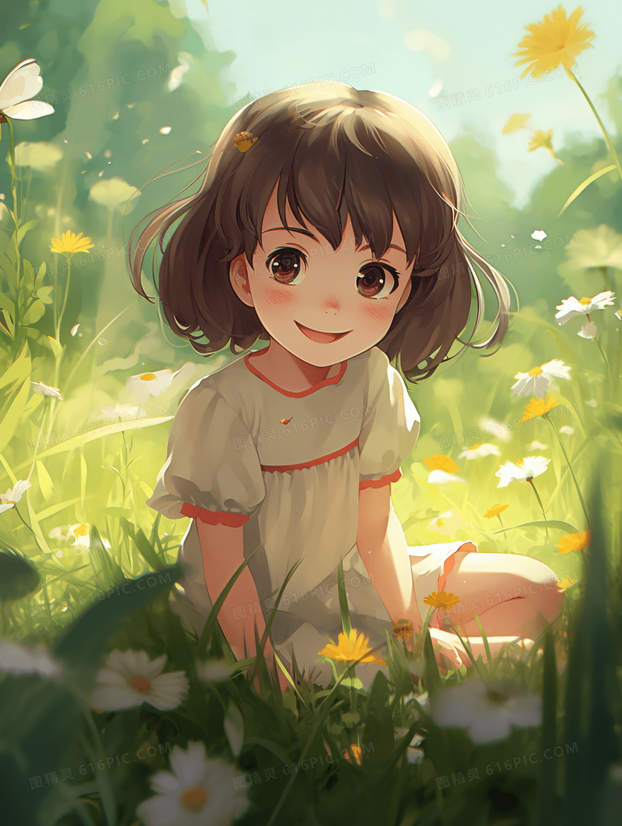 春天花草地里的可爱小女孩插画