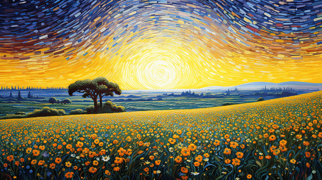 盛开的野花田野风景插画