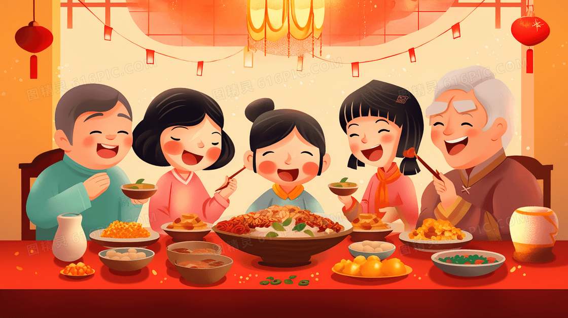 彩色年夜饭团圆美食插画