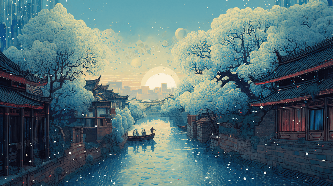 古典建筑夜景风景插画