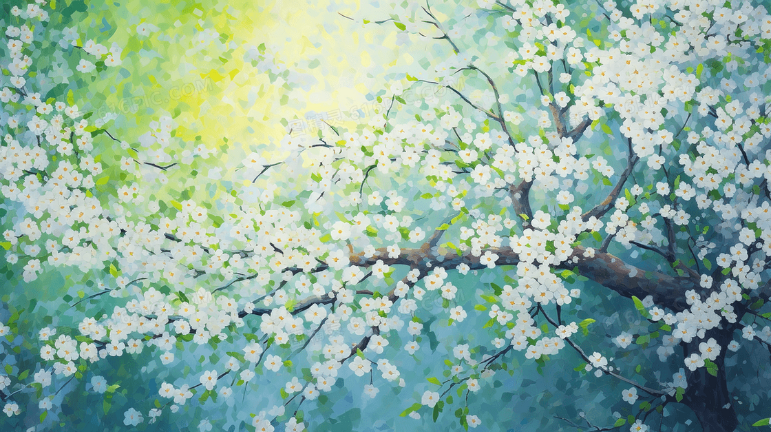 春季盛开的白色梨花插画