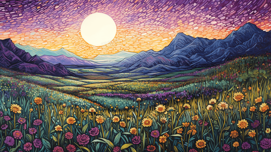 盛开的野花田野风景插画