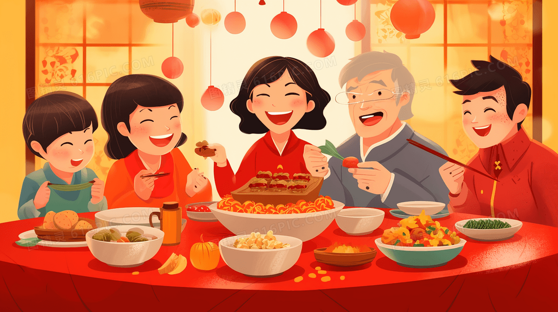 彩色年夜饭团圆美食插画