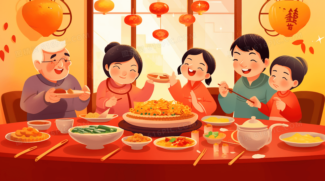 彩色年夜饭团圆美食插画