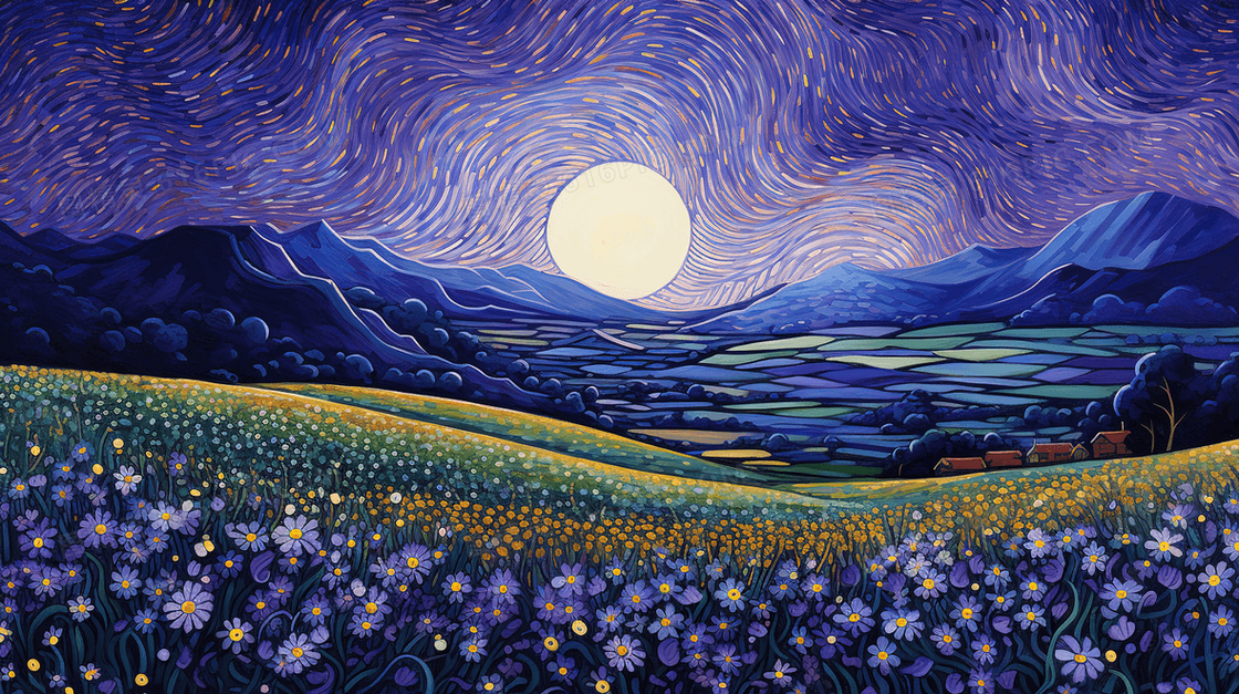 盛开的野花田野风景插画