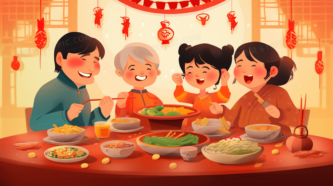 彩色年夜饭团圆美食插画