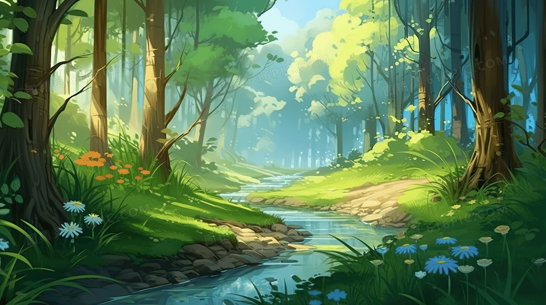 春天晨光森林溪流插画