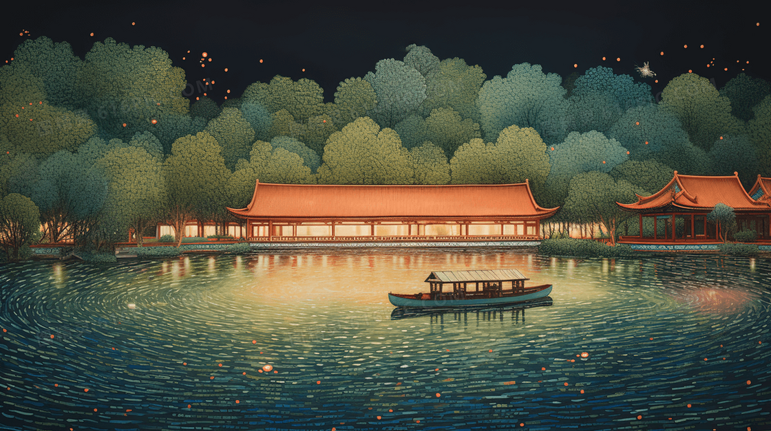 中国风风景园林自然风景插画