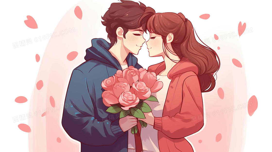 手握鲜花准备接吻的情侣插画