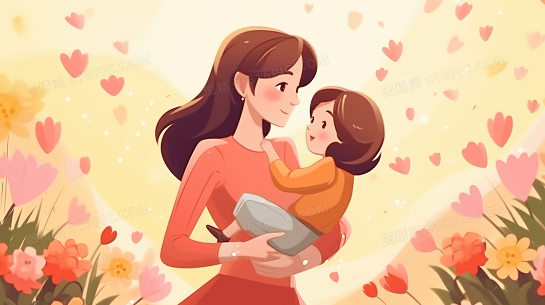 鲜花包围的母亲抱着孩子插画