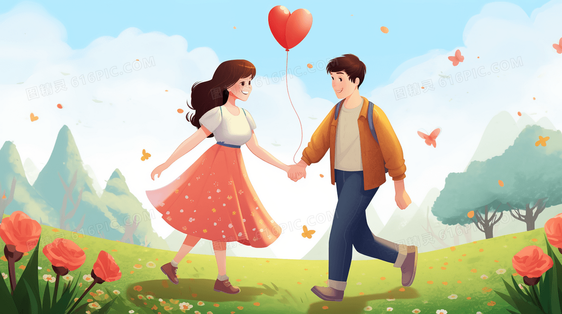 春季郊外牵手散步的情侣插画