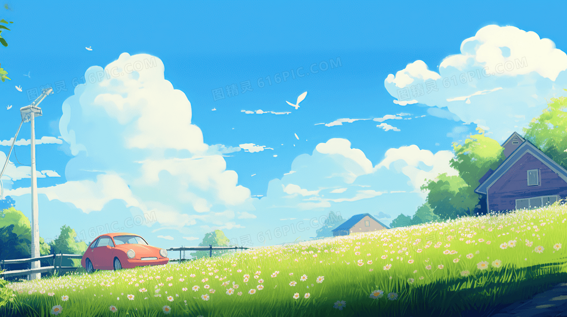 春日大草地上房子和行驶的小车插画