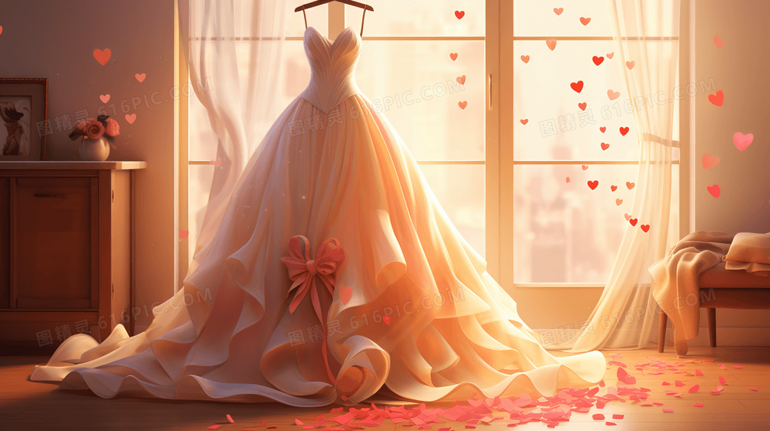 挂在窗前的美丽洁白婚纱插画