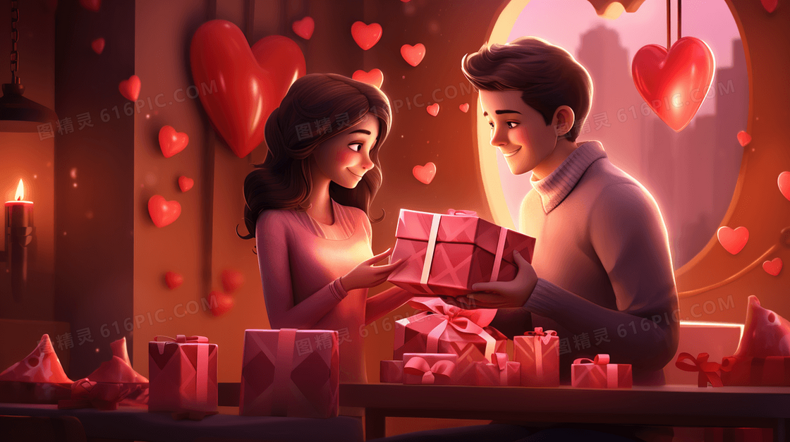3D赠送礼物的情侣插画