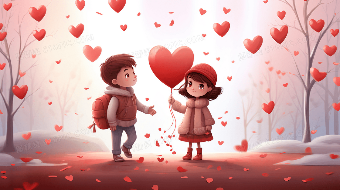 情人节牵着爱心气球的情侣插画