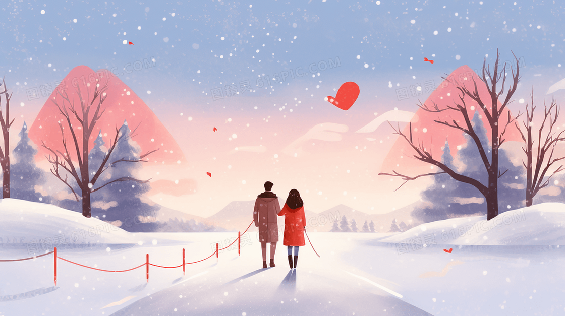 山林雪地小道上散步的情侣插画