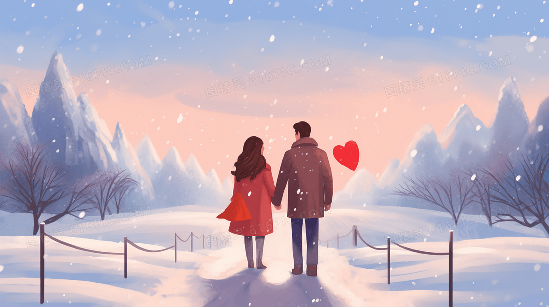 山林雪地小道上散步的情侣插画