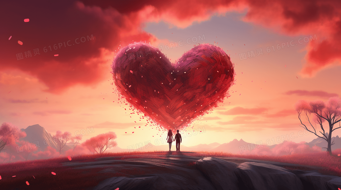 红色心形日落平原上的情侣插画