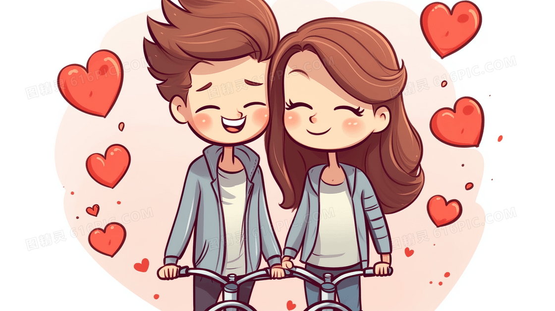 一起骑自行车的情侣插画