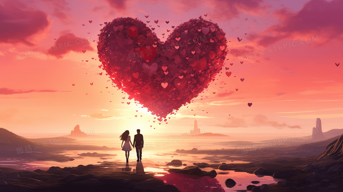 红色心形日落平原上的情侣插画