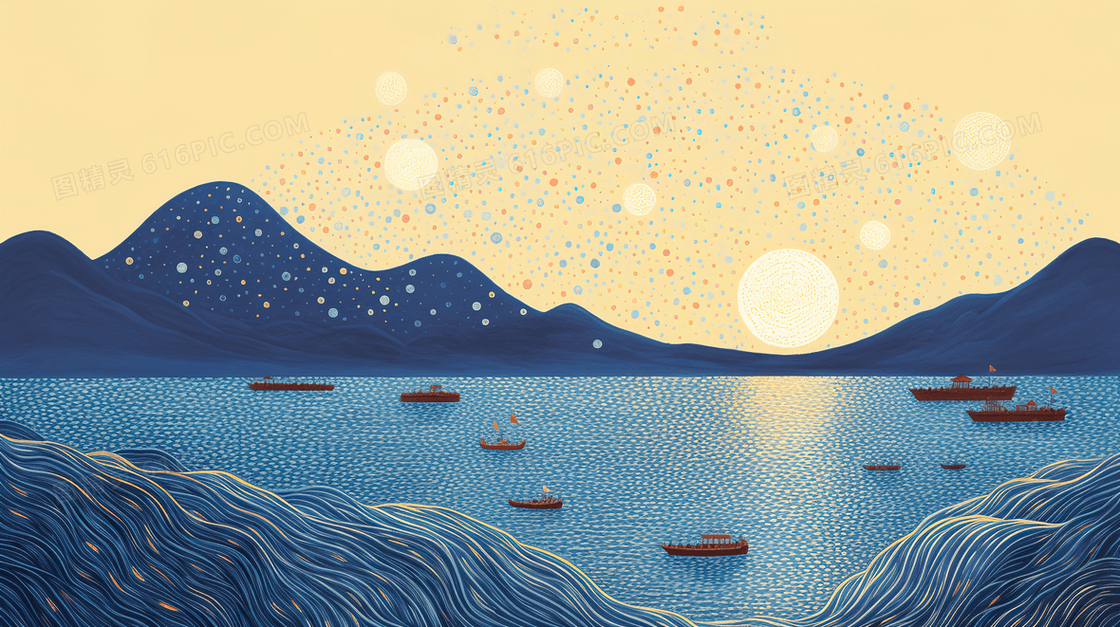 黄昏山谷湖泊上的游船插画