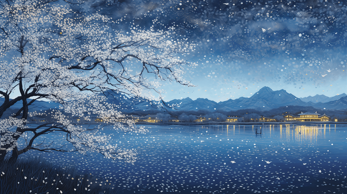湖边盛开的花树风景插画