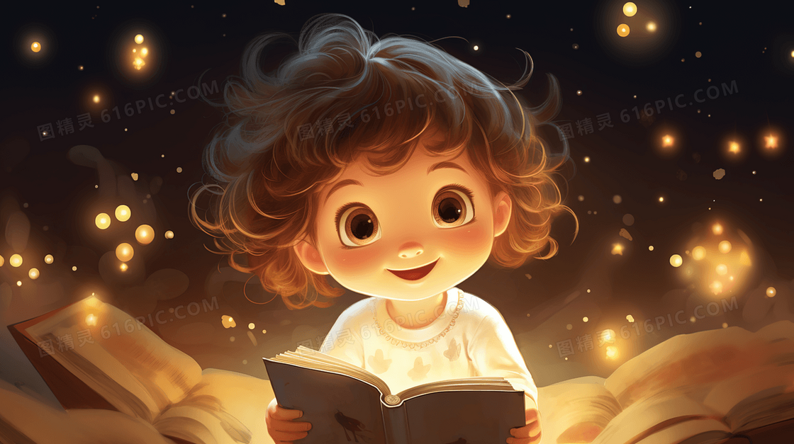 夜晚灯光下看书阅读的孩子插画