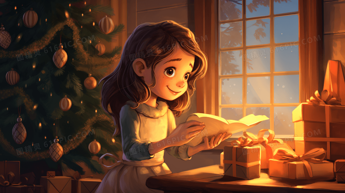圣诞节夜晚在灯光下看书的女孩插画