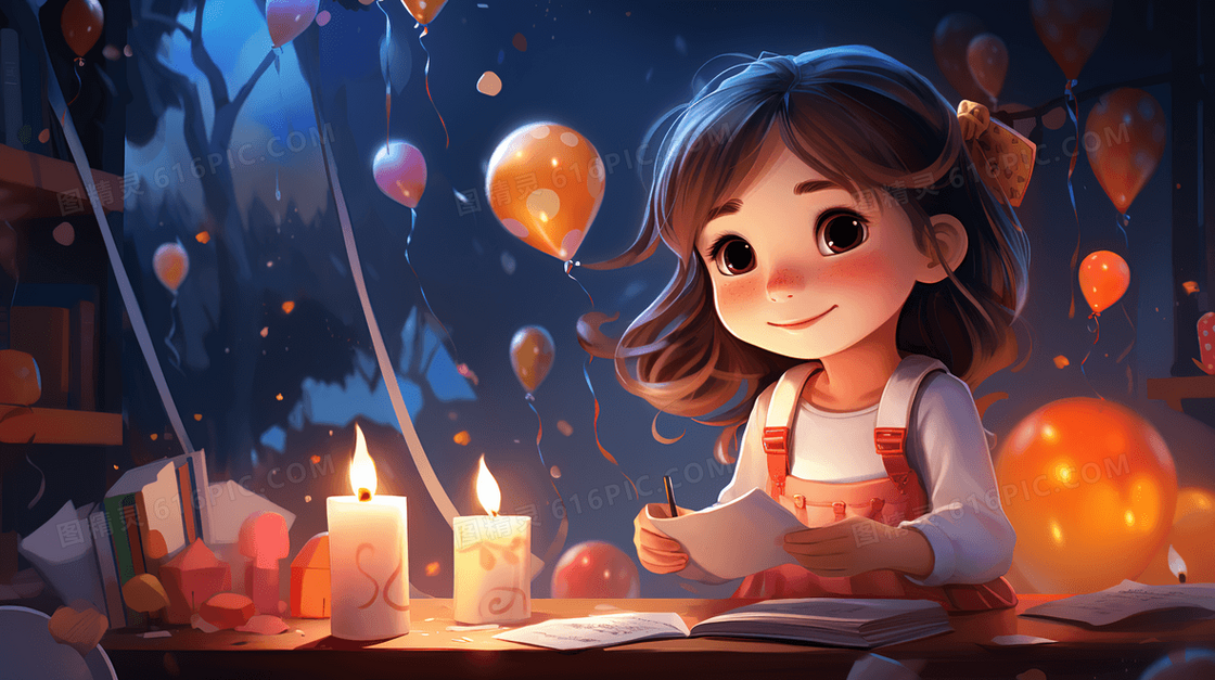 夜晚灯光下看书阅读的孩子插画
