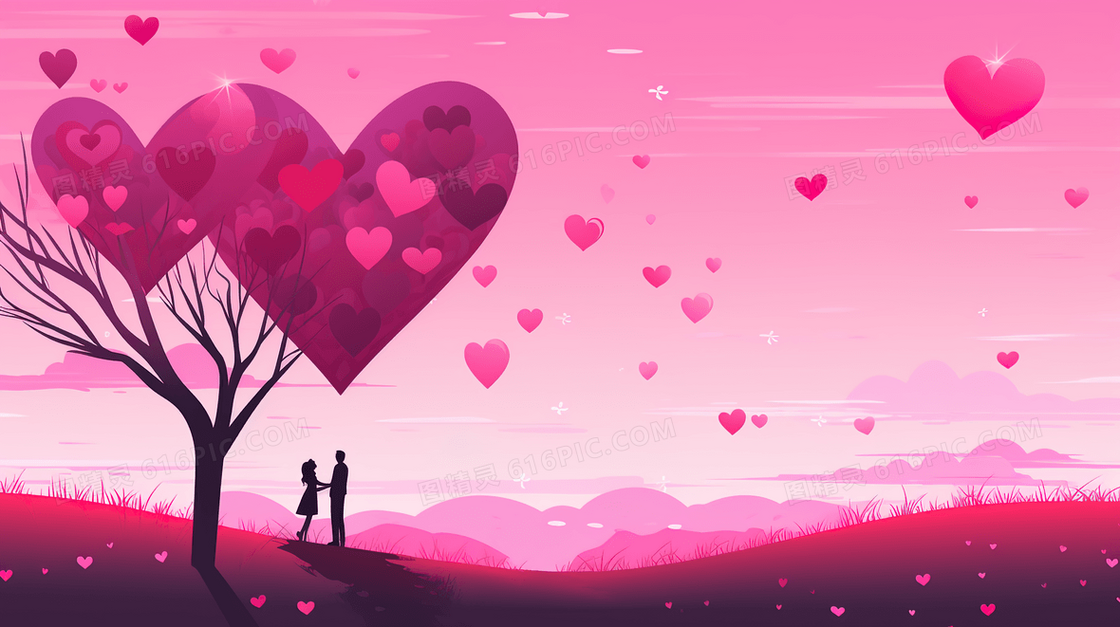 粉红色调在山林里约会的情侣背影插画