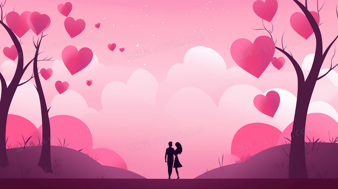 粉红色调在山林里约会的情侣背影插画