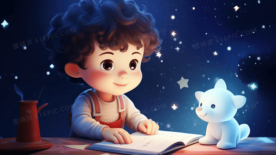 夜晚梦幻星光下看书的小男孩插画
