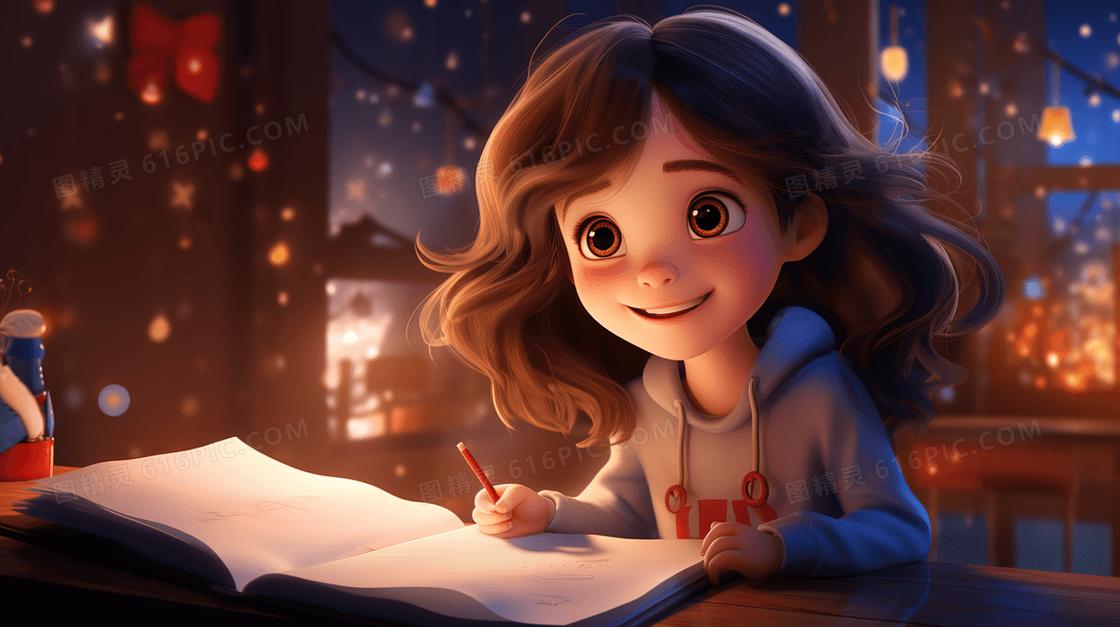 在夜晚看书学习的美丽女孩插画
