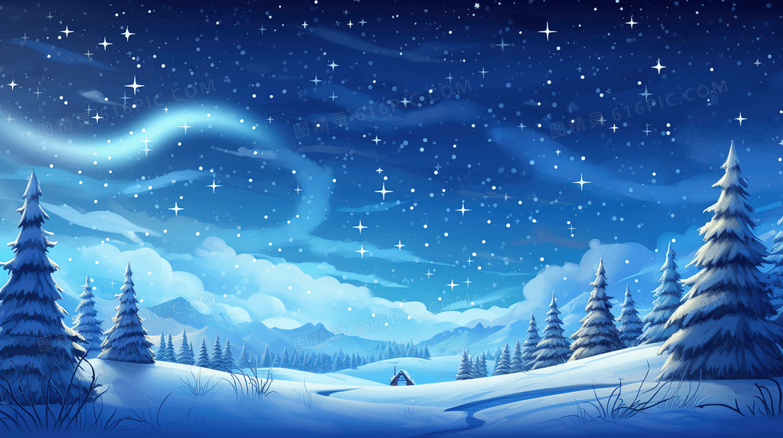 冬季夜晚山坡树林雪地星空风景插画