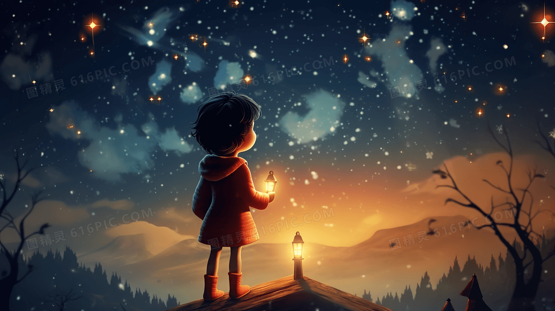 冬季夜晚雪地里眺望星空的少年插画