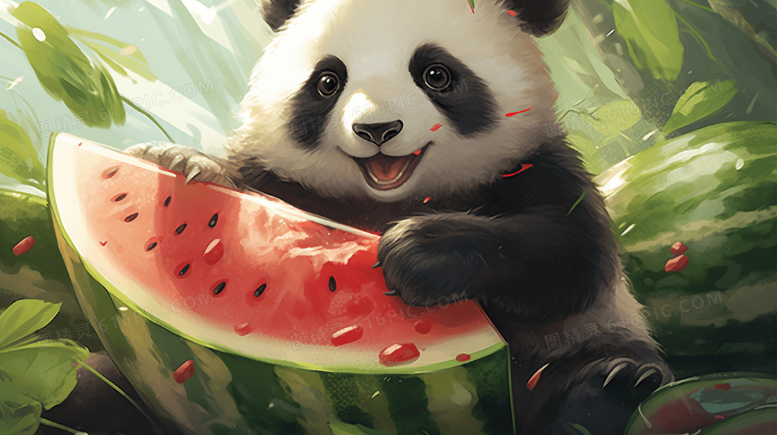 卡通大熊猫吃西瓜保护动物插画